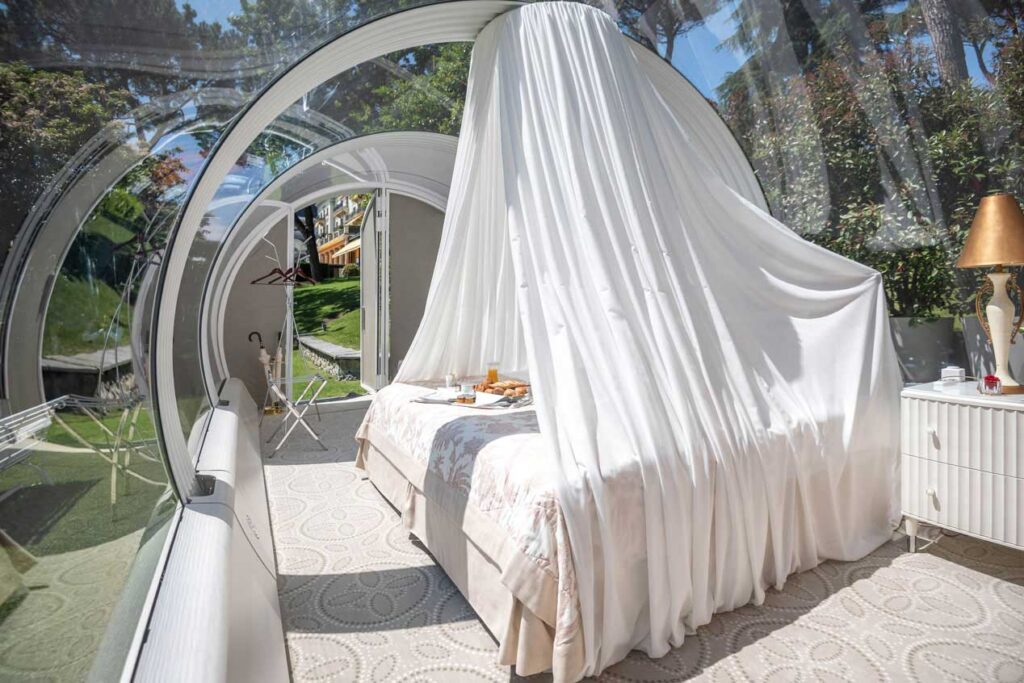 Beau Rivage Tubbo outdoor transparent pod with bed