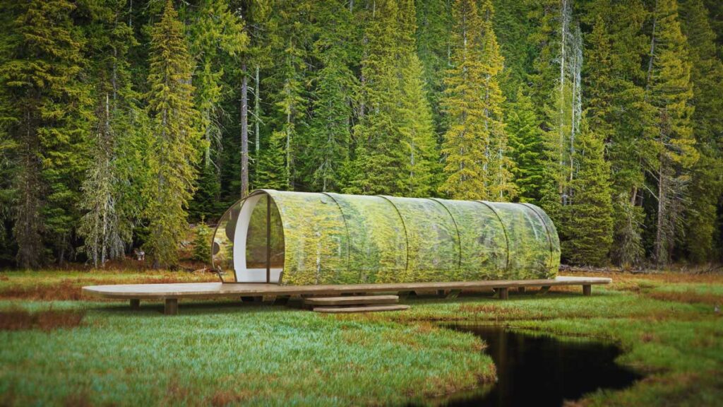 Tubbo glamping pod mimicking nature on a forest with green trees